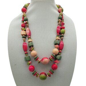 Double Strand Wooden Beaded Necklace Watermelon Colors Statement Boho NWOT